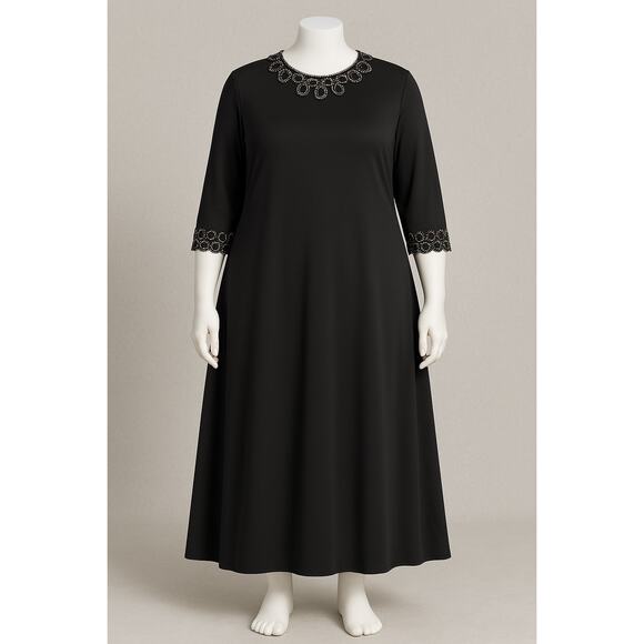 Women’s Plus Size 1X Black Beaded Neck Midi Dress Formal A-Line 3/4 Sleeve Party - Picture 1 of 9